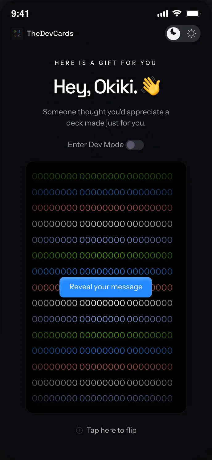 TheDevCards digital gift preview showing a hidden binary message